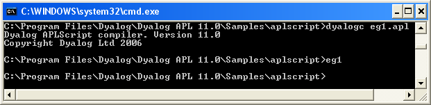 Compiling and running APL Source file <strong>eg1.apln</strong>