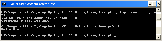 Compiling and running APL Source file <strong>eg2.apln</strong>