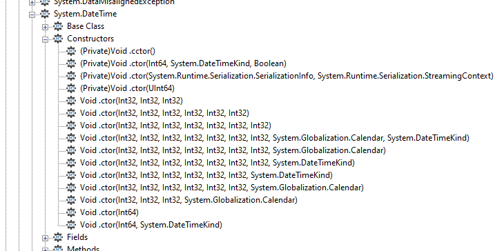Workspace Tree displaying the System.DateTime constructors