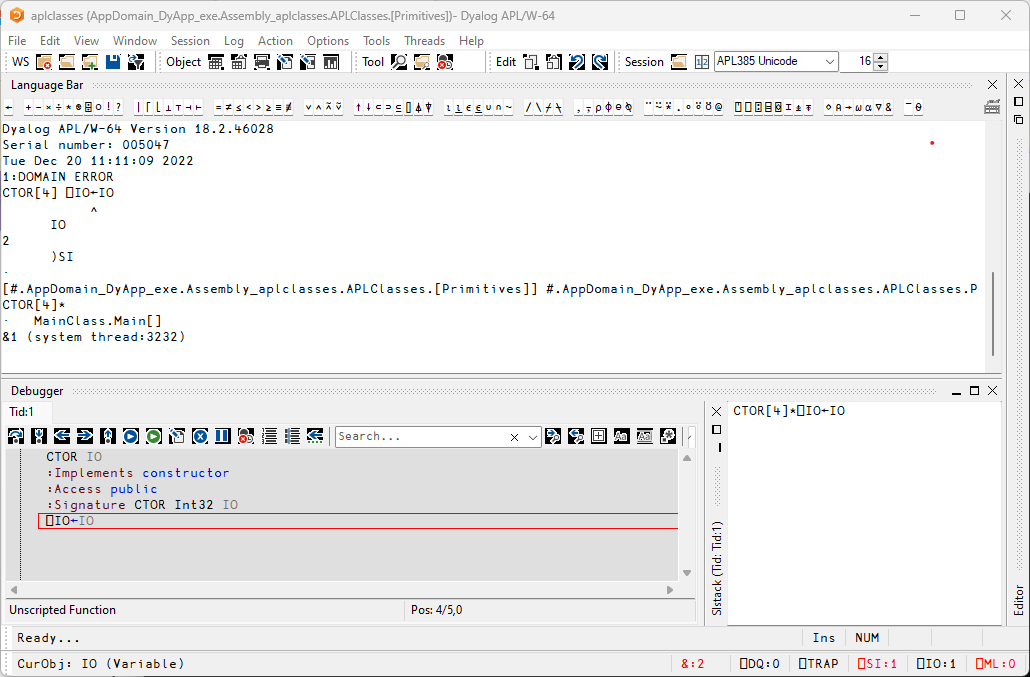 Dyalog Session displaying the DOMAIN ERROR