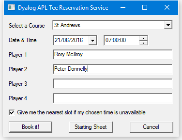 Dyalog APL Tee Reservation Service dialog box