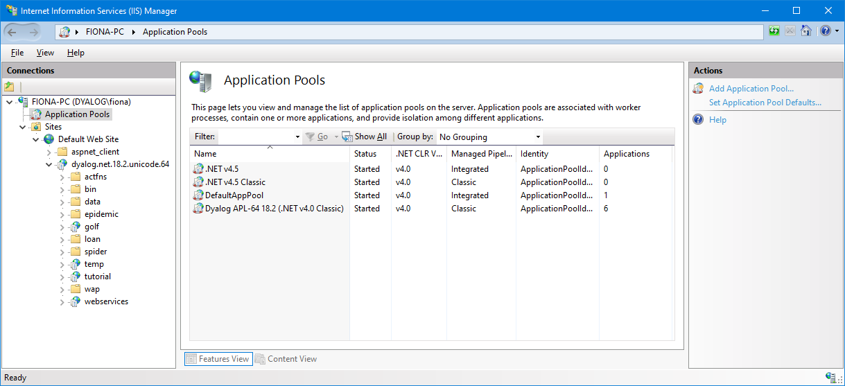 The Internet Information Services (IIS) Manager: Application Pools