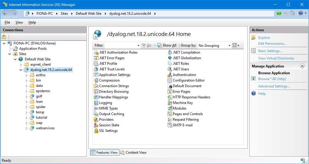 The Internet Information Services (IIS) Manager: dyalog.net application
