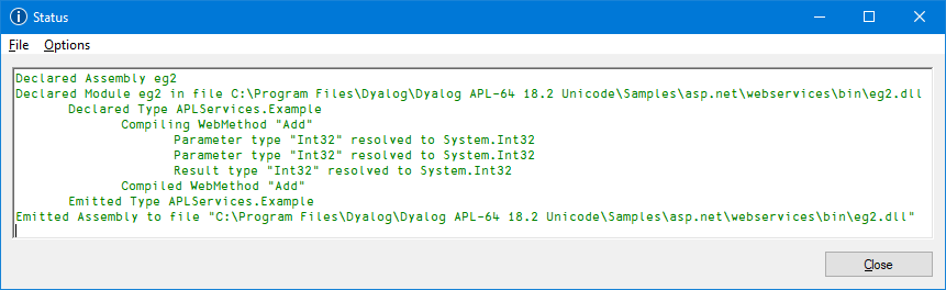 Status window showing the successful creation of <strong>eg2.dll</strong> assembly