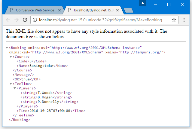 Result of invoking the <strong>golf.asmx/MakeBooking</strong> form