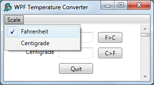 The WPF Temperature Converter with expanded Scale menu