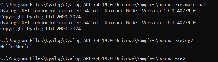 Compiling and running APL Source file **eg2.apln**